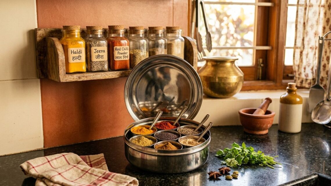 Spice storage solutions Indian kitchen — masala dabba, glass jars and wall rack organised together Spice storage solutions Indian kitchen — masala dabba, glass jars and wall rack organised together