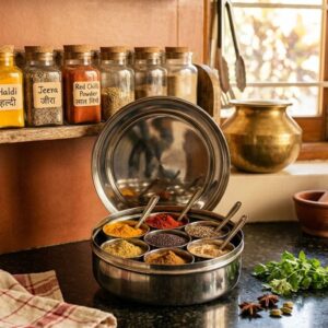Spice storage solutions Indian kitchen — masala dabba, glass jars and wall rack organised together Spice storage solutions Indian kitchen — masala dabba, glass jars and wall rack organised together