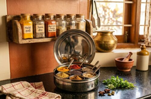 Spice storage solutions Indian kitchen — masala dabba, glass jars and wall rack organised together Spice storage solutions Indian kitchen — masala dabba, glass jars and wall rack organised together