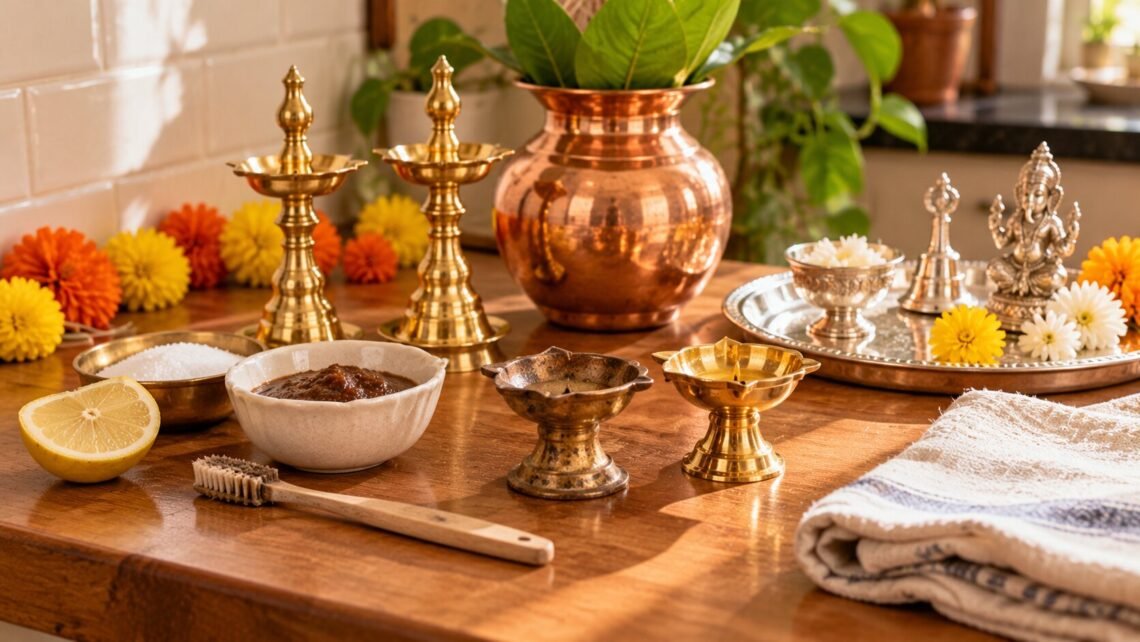 clean brass puja items